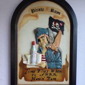 Pirate tenant un plateau avec une bouteille de rhum et avec un perroquet sur l'épaule