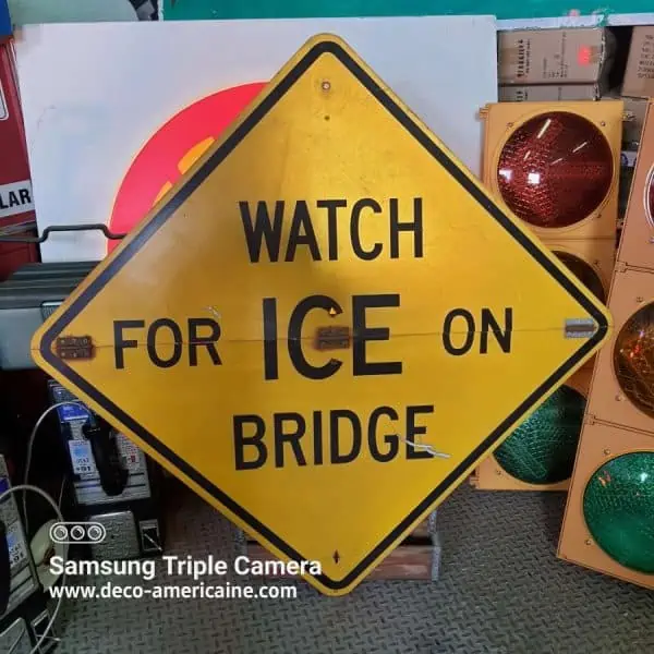 panneau routier américain watch for ice on bridge 91x91cm