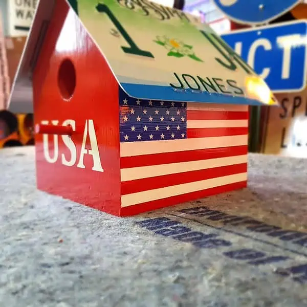 cabane à oiseaux avec plaque d'immatriculation américaine american flag massachusetts (copie)