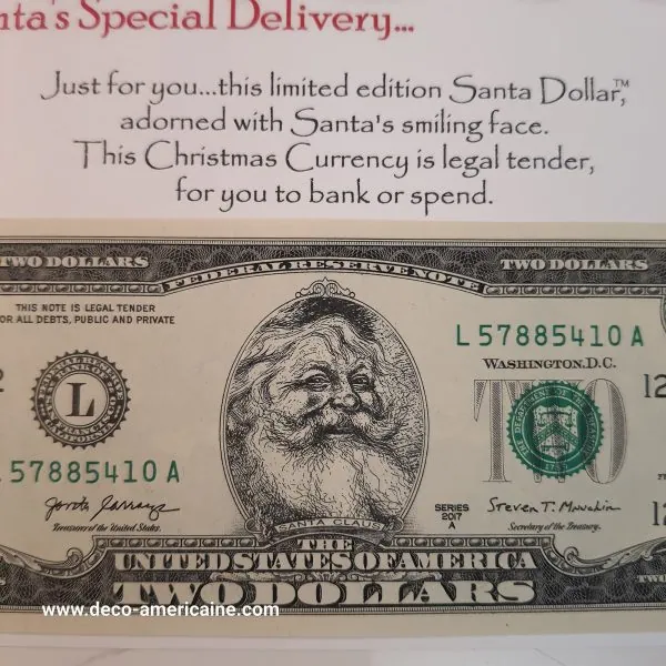 santa dollars billet américain de $2 de collection authentique devise
