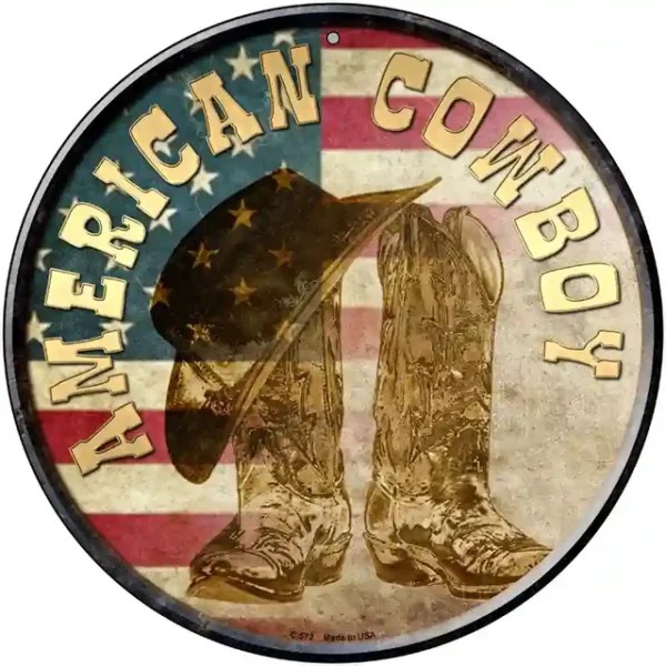 plaque déco américaine murale ronde en tole american cowboy and boots