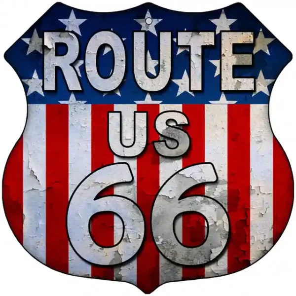 plaque déco américaine murale tole panneau de highway route 66 american flag
