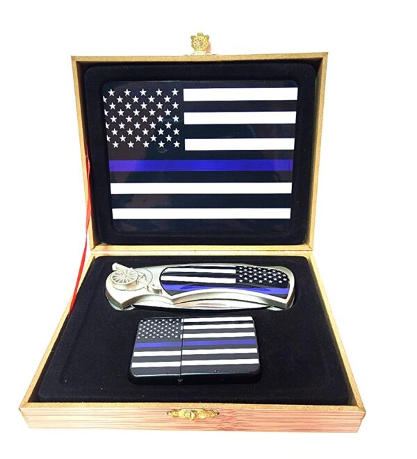 coffret briquet tempête avec couteau et sign police blue line tribute