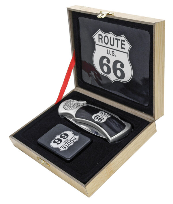 coffret briquet tempête avec couteau et sign route 66 the mother road