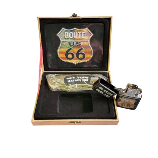 coffret briquet tempête avec couteau et sign route 66 drapeau americain