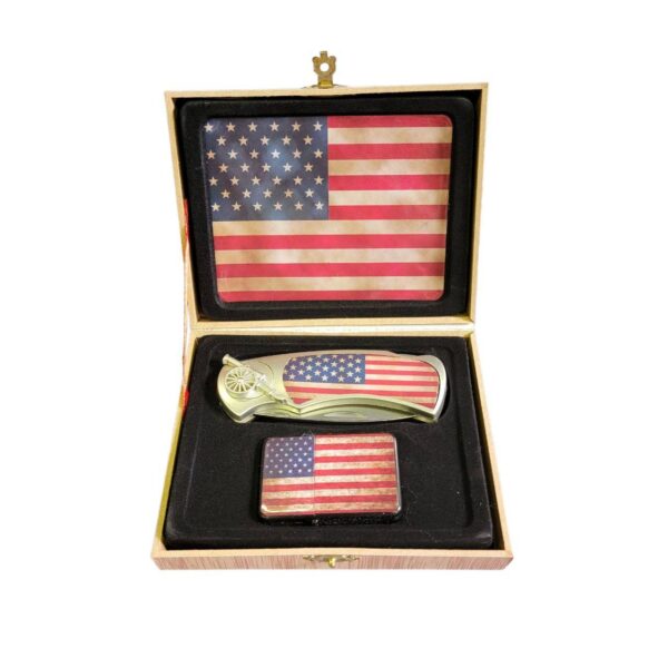 coffret briquet tempête avec couteau et sign vintage usa flag