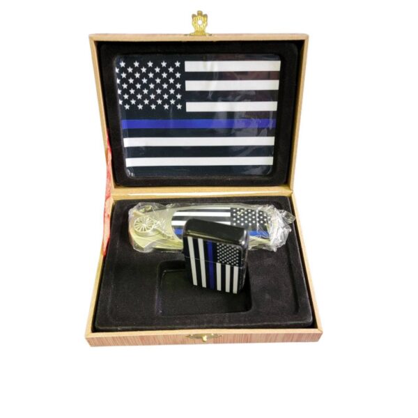 coffret briquet tempête avec couteau et sign police blue line tribute